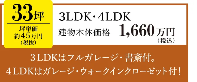 33坪、3LDK・4LDK平屋の間取りと価格