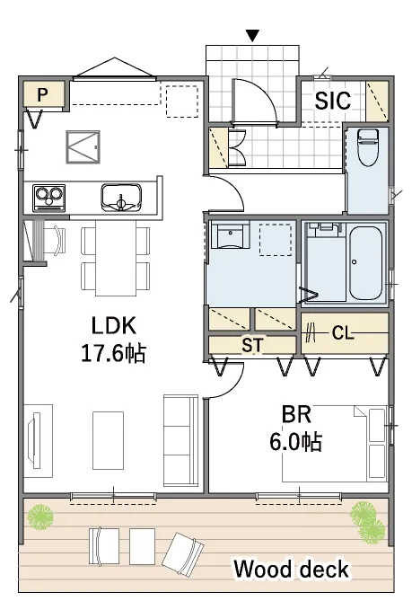 平屋間取り 17坪 | 1LDK | 北東玄関