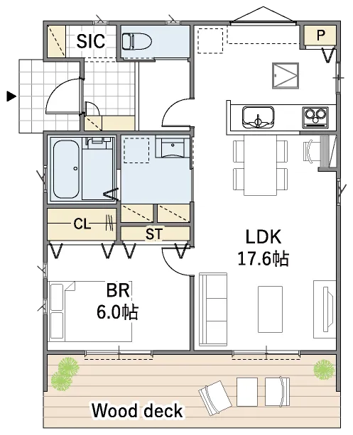 平屋間取り 17坪 | 1LDK | 西玄関
