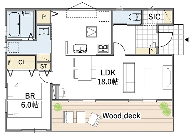 平屋間取り 17坪 | 1LDK・ワイド | 東玄関