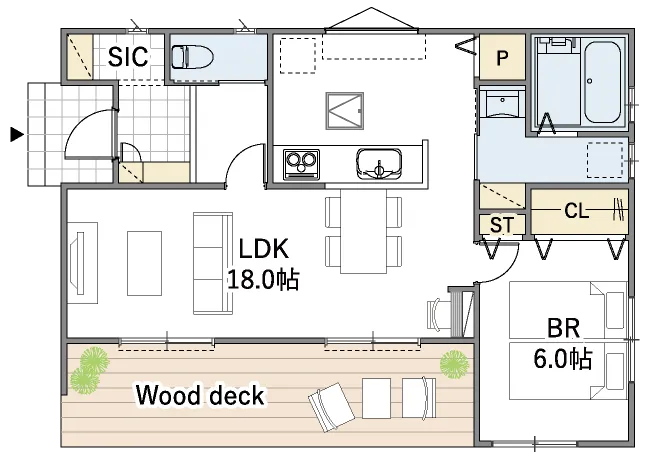 平屋間取り 17坪 | 1LDK・ワイド | 西玄関