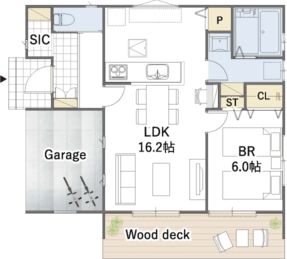 平屋間取り 19坪 | 1LDK・ガレージ | 西玄関・南西ガレージ