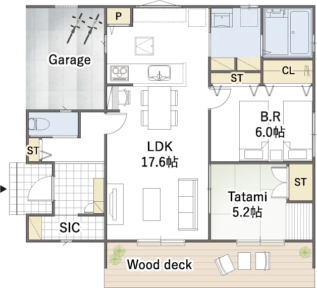 平屋間取り 24坪 | 2LDK | 西玄関・北西ガレージ