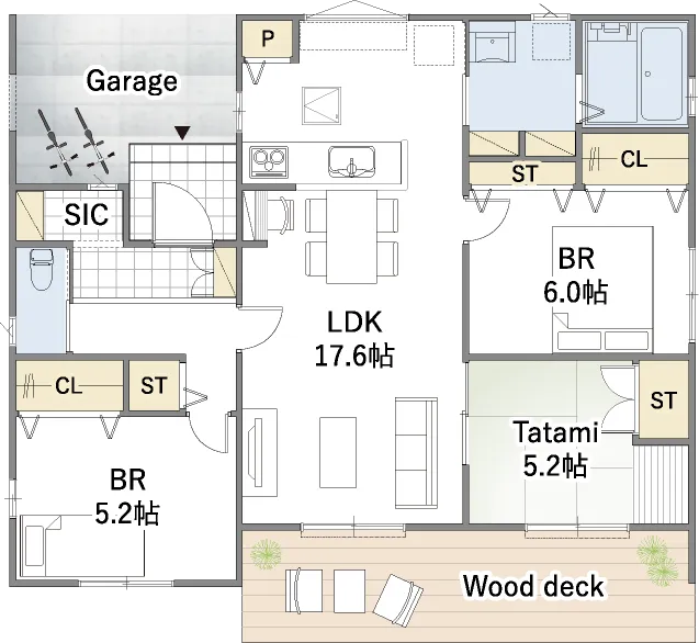 平屋間取り 27坪 | 3LDK | 北玄関・北西ガレージ