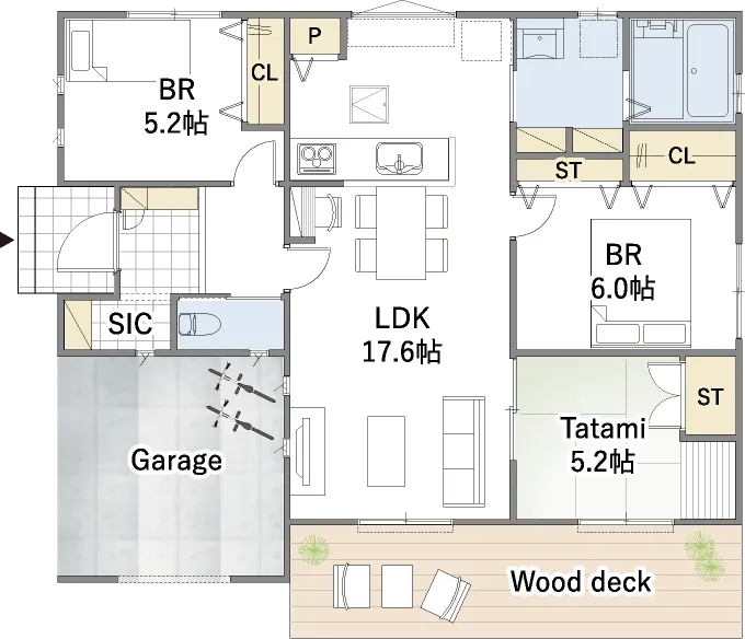 平屋間取り 27坪 | 3LDK | 西玄関・南西ガレージ