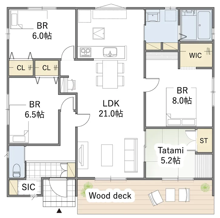 平屋間取り 30坪 | 4LDK | 南西玄関