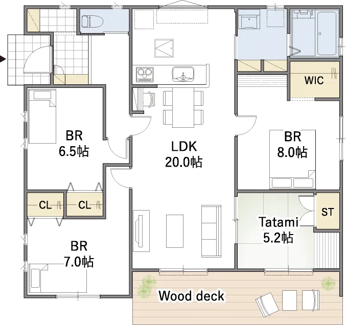 平屋間取り 30坪 | 4LDK | 西玄関