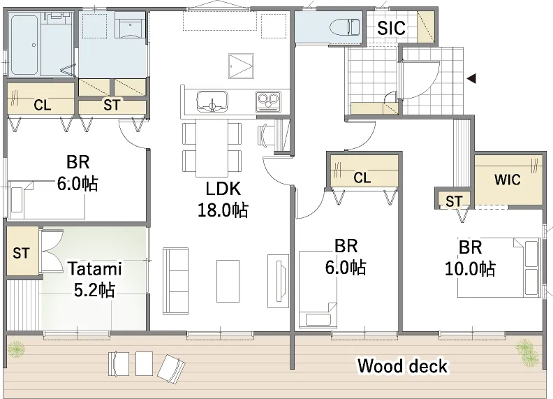 平屋間取り 30坪 | 4LDK・ワイド | 東玄関