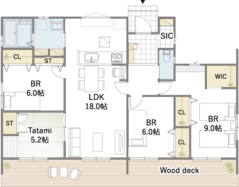 平屋間取り 30坪 | 4LDK・ワイド | 北東玄関
