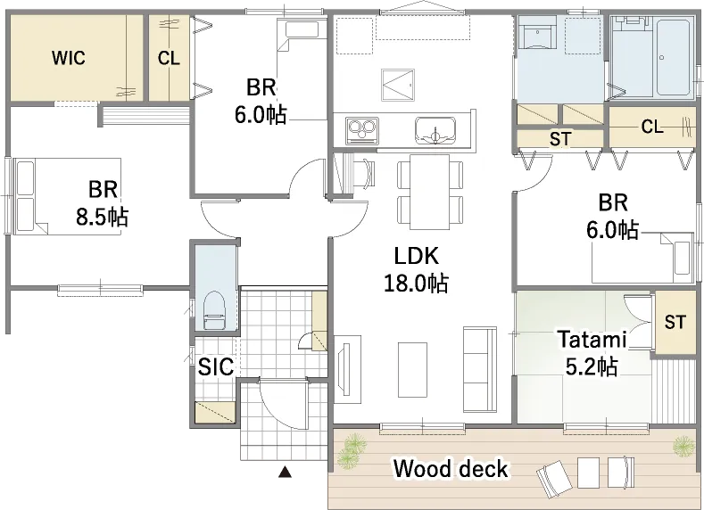 平屋間取り 30坪 | 4LDK・ワイド | 南西玄関