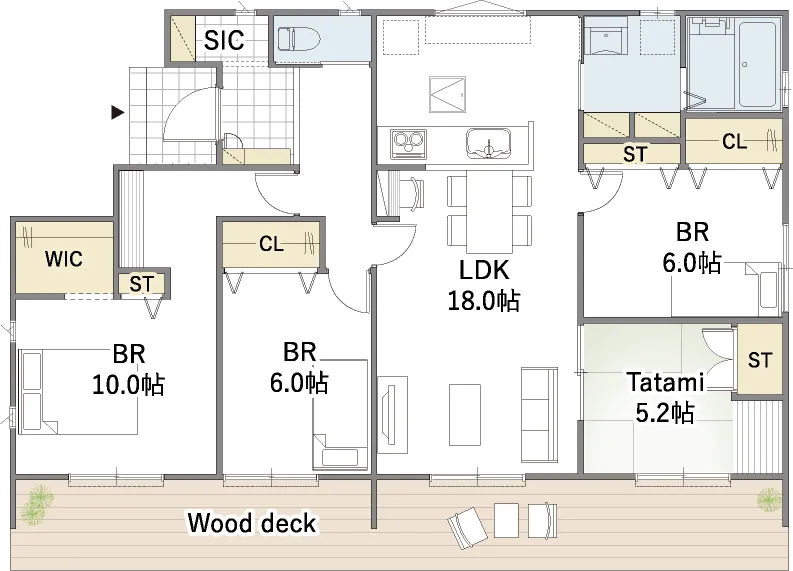 平屋間取り 30坪 | 4LDK・ワイド | 西玄関