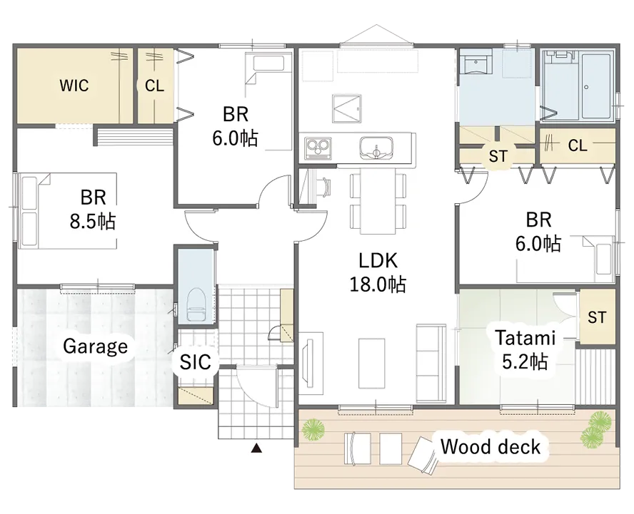 平屋間取り 33坪 | 4LDK | 南玄関・南西ガレージ