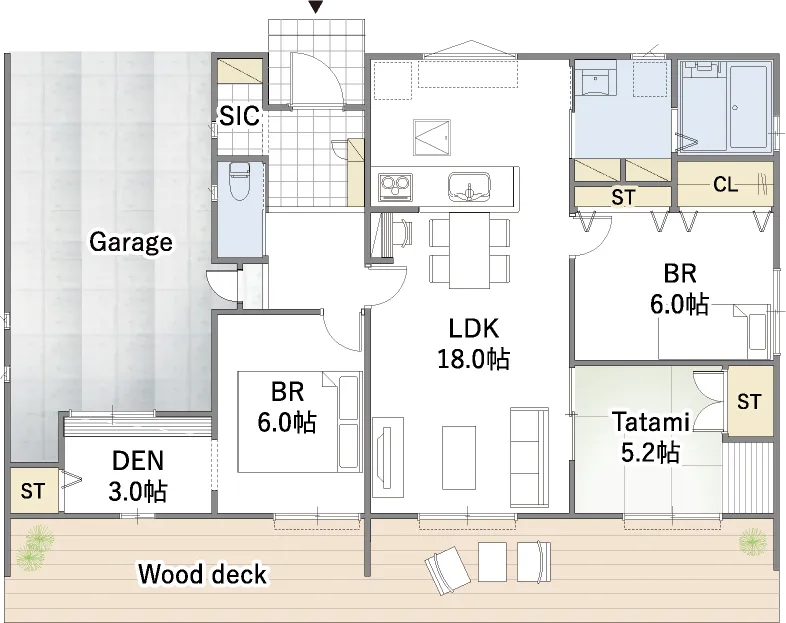 平屋間取り 33坪 | 3LDK | 北玄関・西フルインナーガレージ