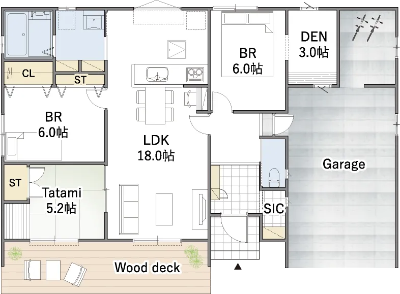 平屋間取り 33坪 | 3LDK | 南玄関・東フルインナーガレージ