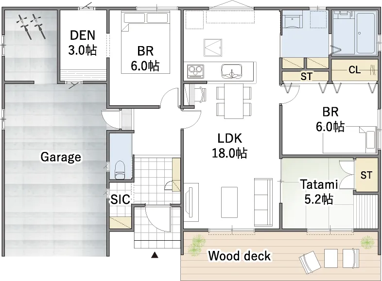 平屋間取り 33坪 | 3LDK | 南玄関・西フルインナーガレージ
