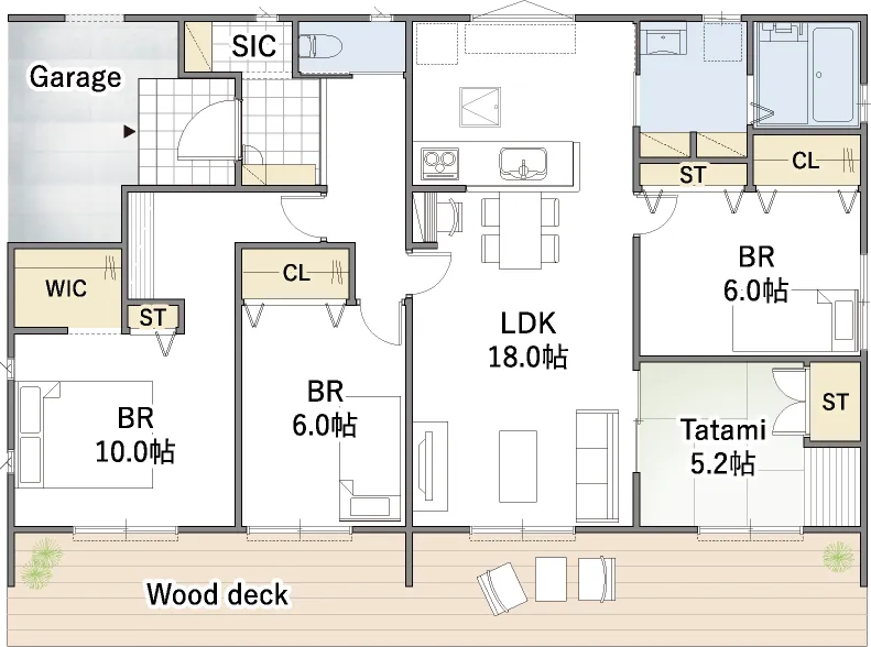 平屋間取り 33坪 | 4LDK | 西玄関・北西ガレージ