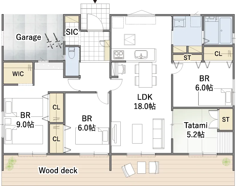 平屋間取り 33坪 | 4LDK | 北玄関・北西ガレージ