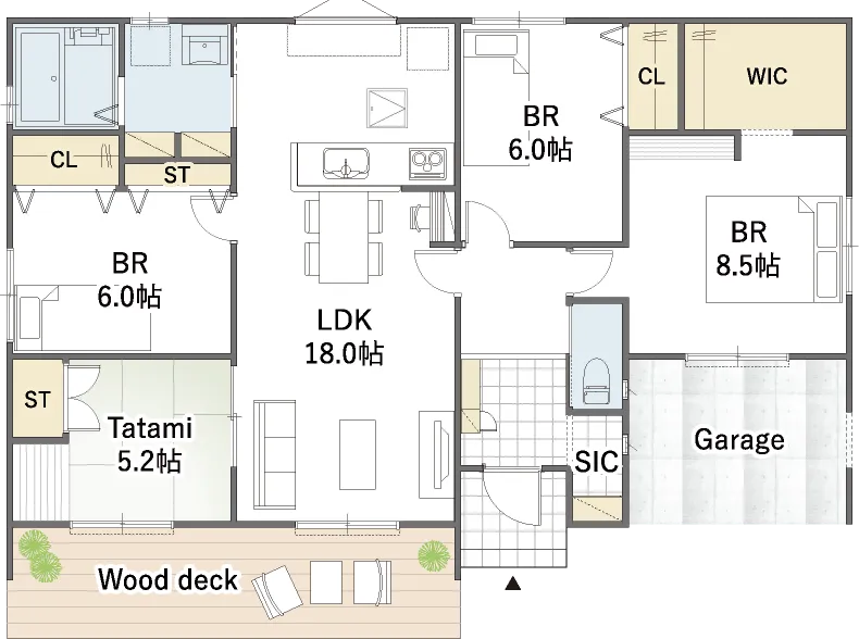 平屋間取り 33坪 | 4LDK | 南玄関・南東ガレージ