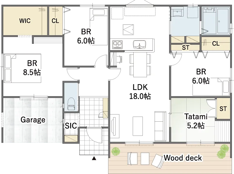 平屋間取り 33坪 | 4LDK | 南玄関・南西ガレージ
