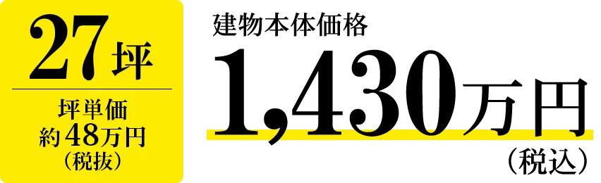 27坪 坪単価約48万円(税抜)建物本体価格 税込 1,430万円